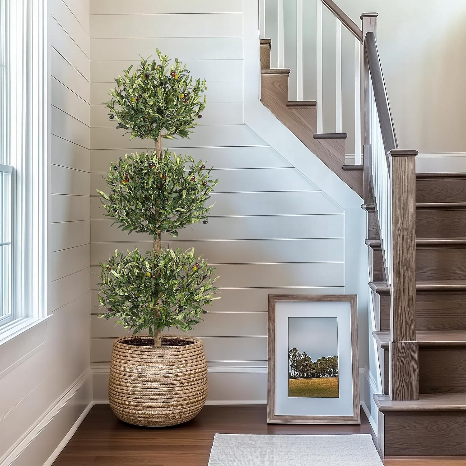 5FT Artificial Olive Tree, 3-Tier Spherical Design Faux Olive Tree with Moss & Inner Pot for Home Office Indoor Outdoor Decor