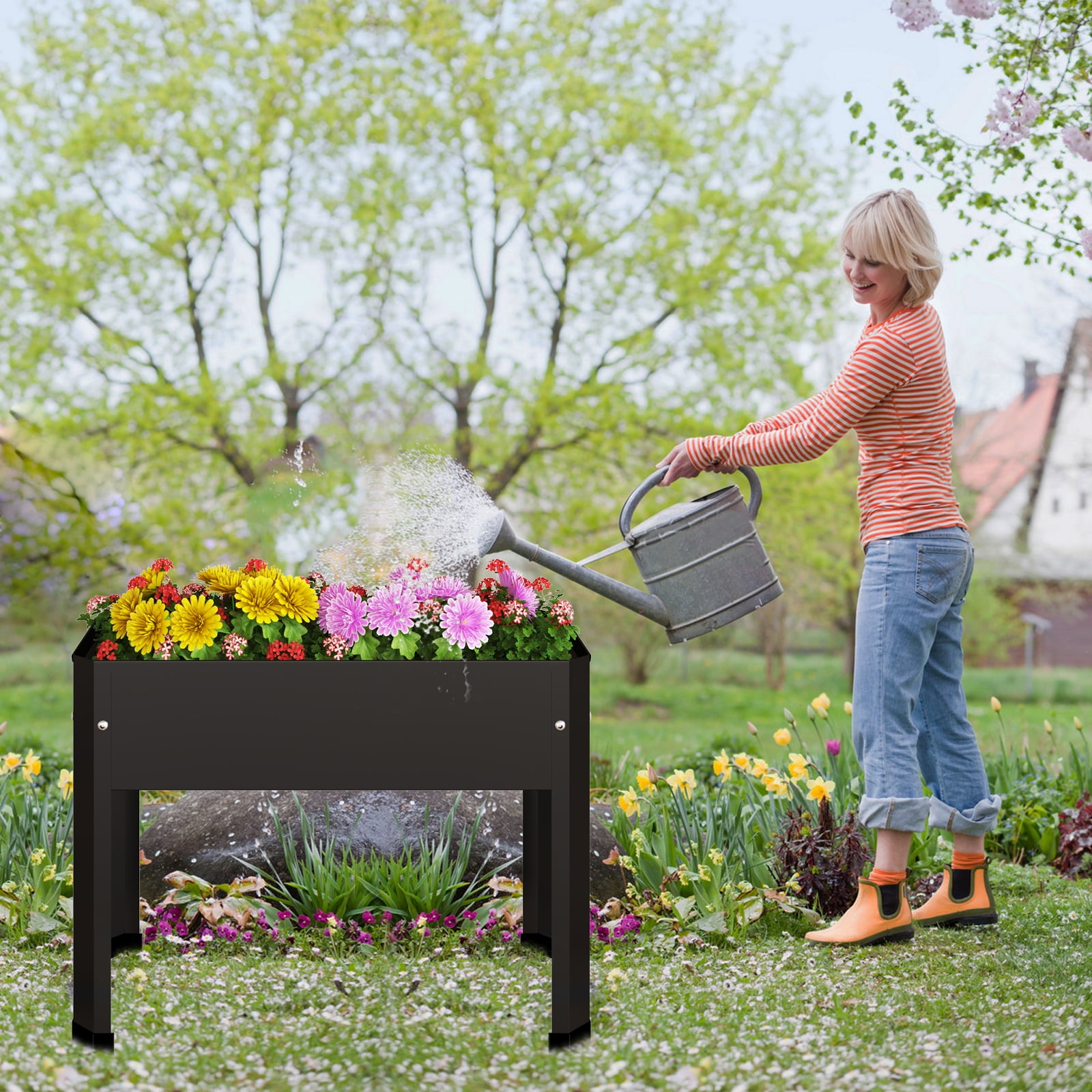 Galvanized Raised Planter Boxes Garden Bed with Legs, Elevated Planter Box, Standing Garden Stand, Vegetables & Flowers Growing Container for Indoor and Outdoor Use 23.6 x 10.6 x 17.7 in