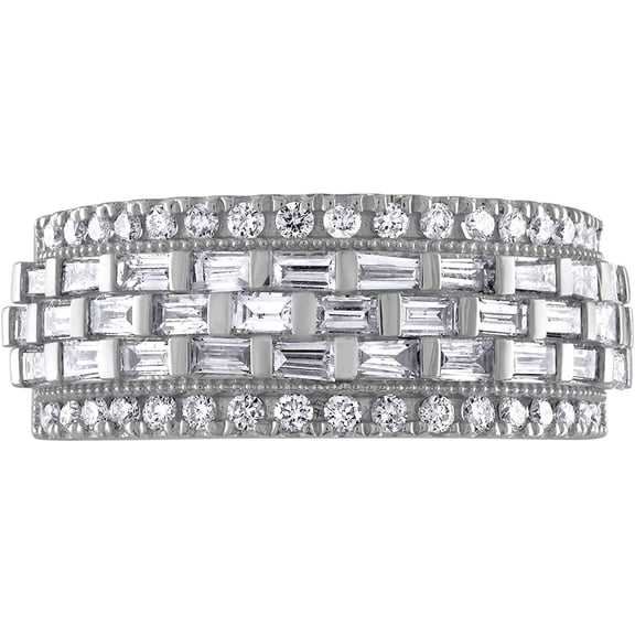 JewelMore 1.50 Carat (ctw) 14K Gold Round & Baguette Cut Diamond Ladies Anniversary Wedding Band 1.50 CT