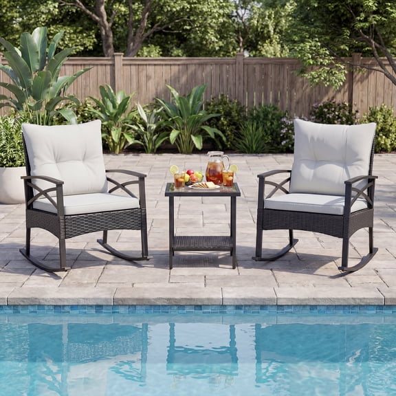 Gymax Set of 3 Rattan Rocking Bistro Set w/Tempered Glass Tabletop & Cushions for Porch Off White