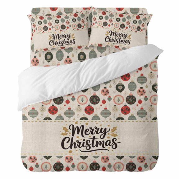 Duvet Cover Set California king Size 4 Pieces, Merry Christmas Ball Snowflake Comforter Cover Soft Bedding Sets, Seamless Bauble on Linen Bed Set Include 1 Duvet Cover, 2 Pillow Shams, 1 Bed Sheet