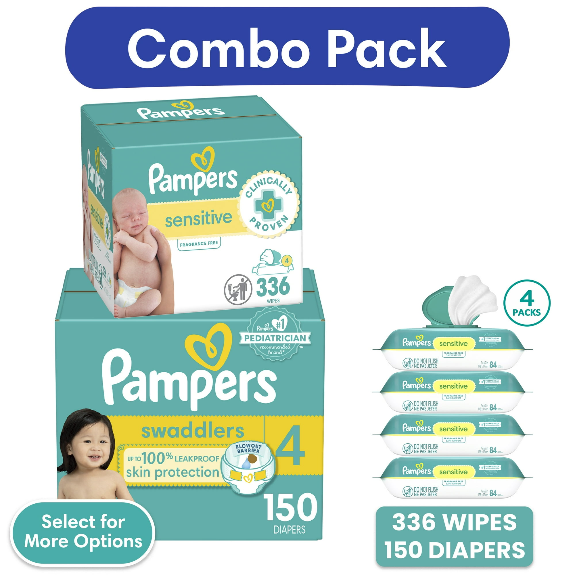 Pampers Swaddlers Diapers, Size 4, 150 Count and Pampers Sensitive Baby Wipes Unscented, 4 Pack, 336 Total Count