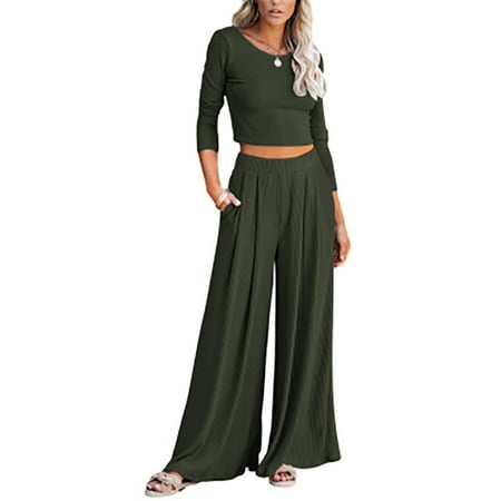 

Yobecho spring and autumn suit women s ribbed nine-point 2-piece pajamas