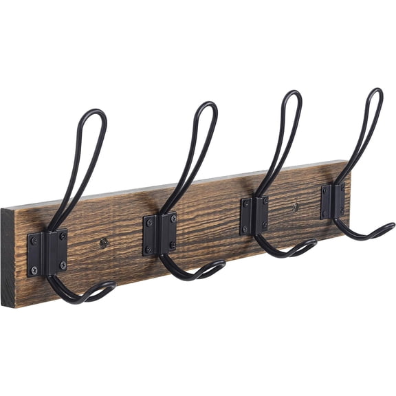 Rustic Wall Mounted Coat Hook with 4 Farmhouse Hooks - Solid Pine Wood Towel and Coat Rack for Bathroom, Entryway, Kitchen - Brown