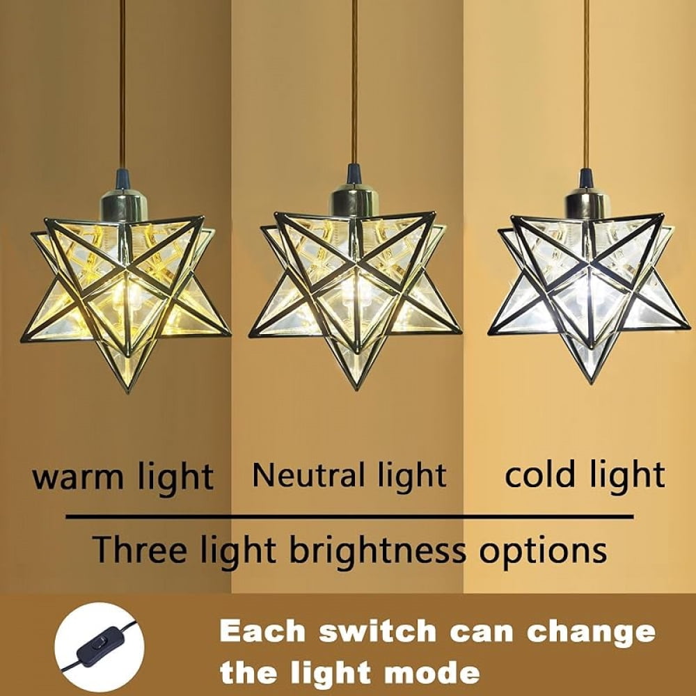 Gold Moravian Star Hanging Light with 16.5ft Plug-in Cord,Farmhouse Star Pendant Light Fixture with Switch,Indoor Decorative Ceiling Light for Bedroom Kitchen Island Porch Etc(LED Bulb Include)