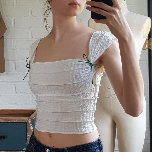 VISgogo, blusas informales sin mangas para mujer, chaleco plisado con ombligo descubierto y cuello cuadrado a la moda de Color sólido VISgogo moda