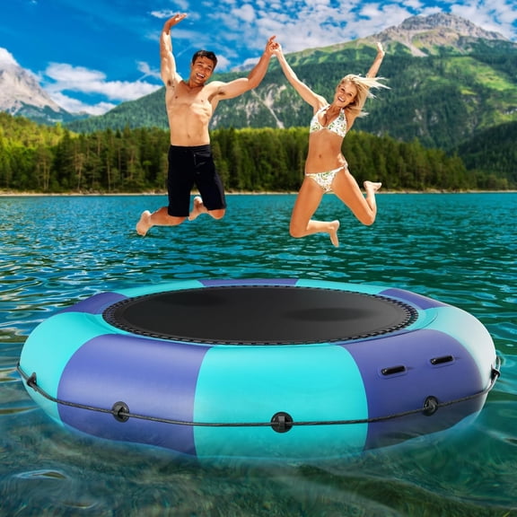 Inflatable Water Trampoline for Lake, 10FT Recreational Floating Water Bouncer with 500W Electric Inflator & Rope Ladder, Kids Adults Portable Pool Trampoline Swim Platform