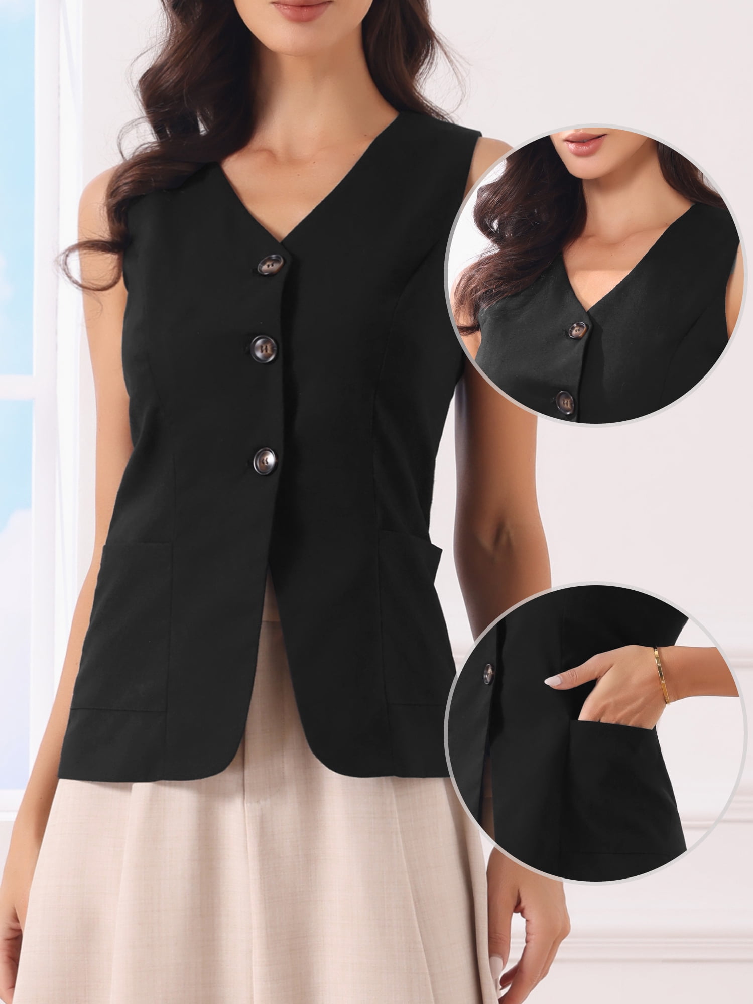 DARING DIVA Women's Cotton Linen Sleeveless Button Fitted Blazer Vest S Black