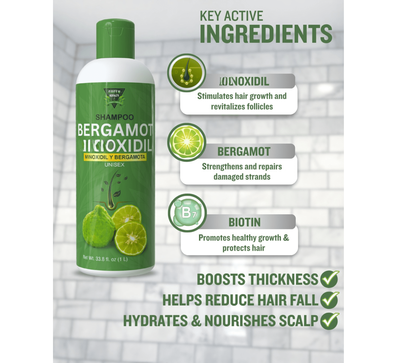 Green Royalty Mino Hair Care System – Shampoo with Keratin & Collagen, Bergamot Mino Shampoo & Hair Tonic Spray, Unisex, 3-Piece Set