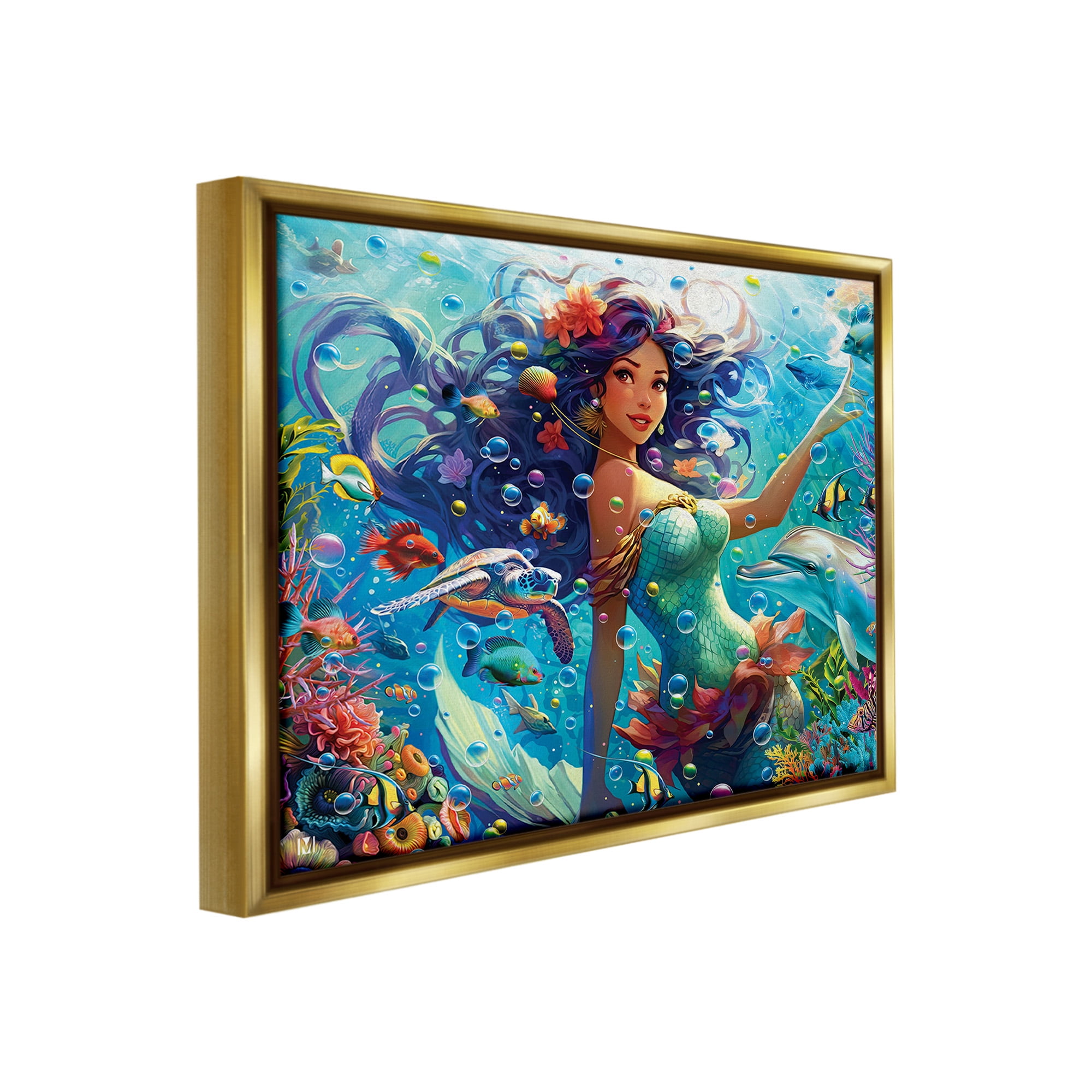Stupell Industries Mermaid & Marine Animals Fairy Tales & Fantasy Painting Gold Floater Framed Canvas Art Print Wall Art, 31 x 25