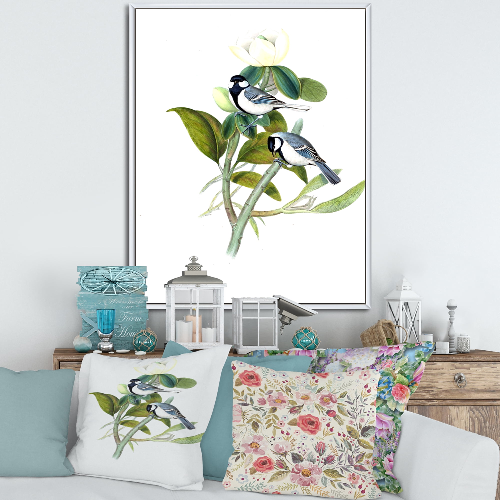 Designart 'Vintage Countryside Birds On Branch I' Farmhouse Framed Canvas Wall Art Print