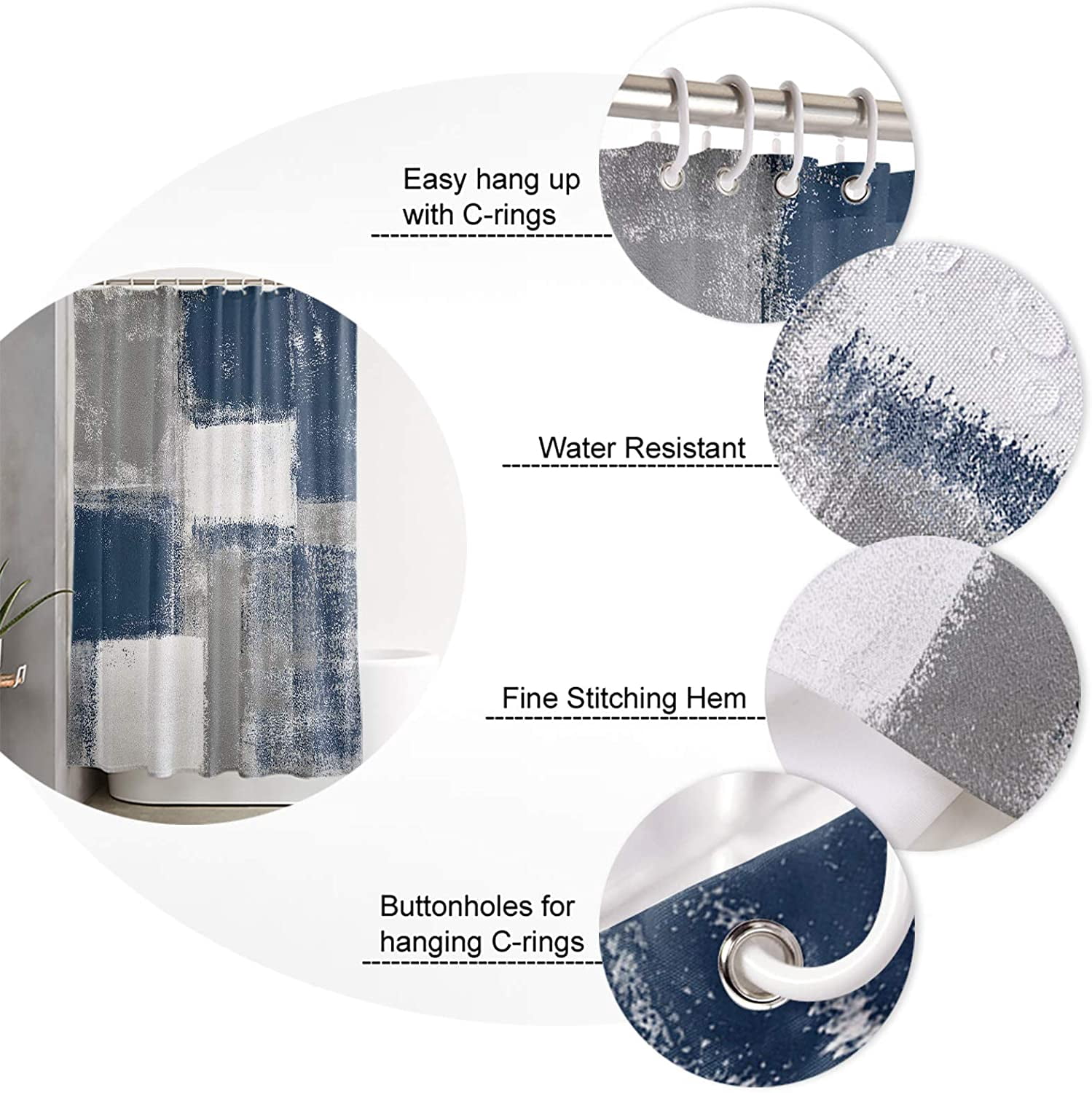 Fabric Shower Curtain for Bathroom, Oil Painting Art Blue Custom Shower Curtain Set with Hooks, Luxury Bathroom Curtains, Abstract Gray Geometric Waterproof Polyester Bathroom Accessories, 72x72inch