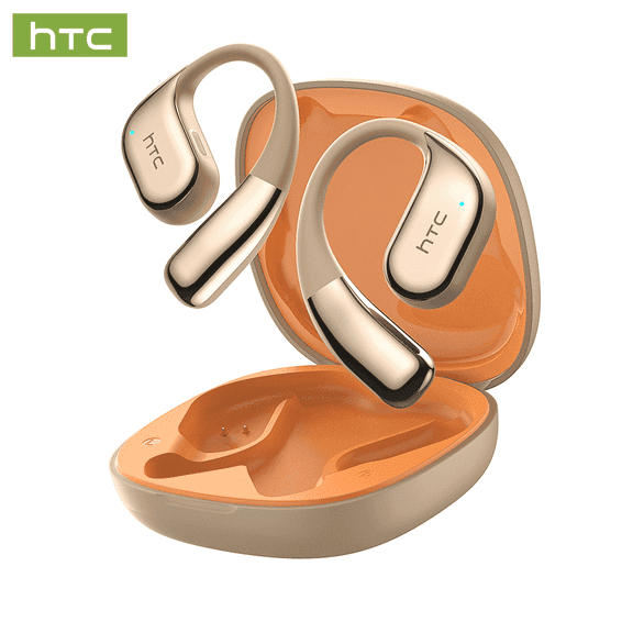 HTC NE39 Wireless Bluetooth 6.0 Open-Ear Earbuds, AI Translator, Noise-Cancelling Headphones, 130  Languages, 40H Playtime, IPX5 Waterproof, Beige   Gold