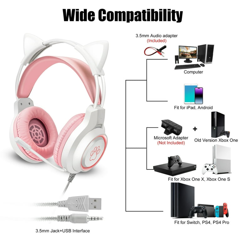 TSV Cat Ear Wired Gaming Headset, Noise Cancelling Mic, RGB Lights