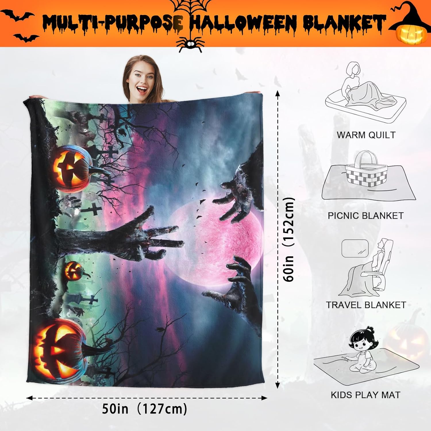 Halloween Throw Blanket Pumpkins Spooky Hands Scary Tombstones Throw Blanket Decorative Lightweight Fuzzy Soft Plush Fleece Blankets and Throws Couch Sofa Bed Blanket 50x60