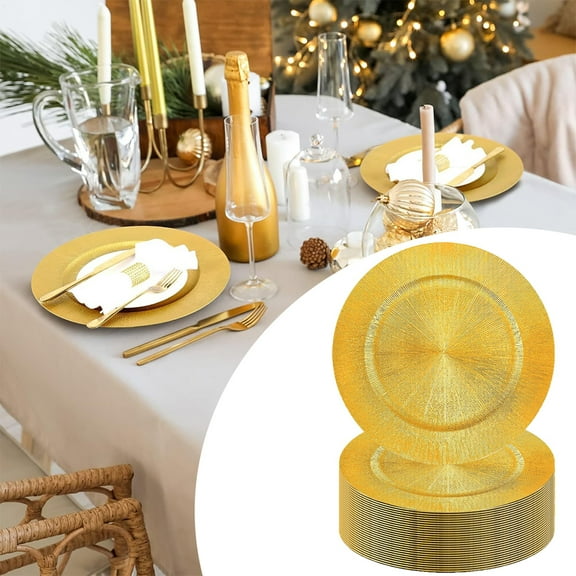 WAASOSCON 100Pcs Bulk Gold Charger Plates, PP Charger Plates for Weddings, Textured Decorative Tableware for Events and Holiday Parties
