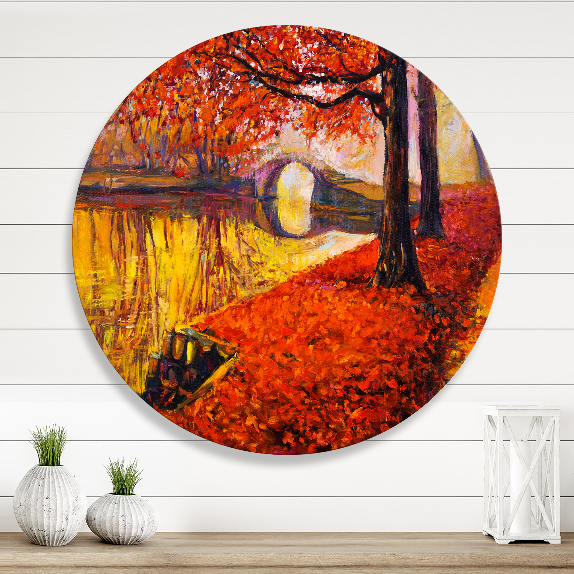 Designart 'Little Bridge In Deep Orange Autumn Landscape I' Traditional Circle Metal Wall Art 23x23 - Disc of 23