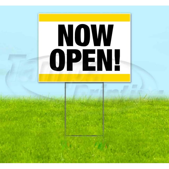 Now Open Stripe Yellow (18" x 24") Yard Sign, Includes Metal Step Stake