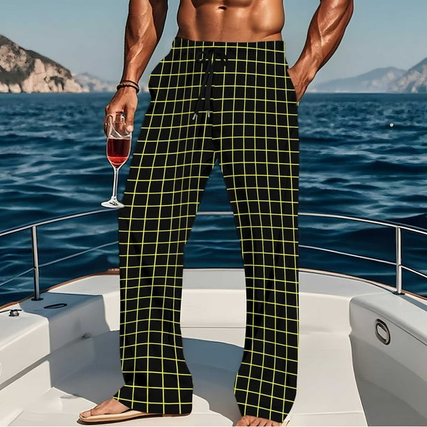 Pantalones de pijama largos para hombre, informales, con estampado a cuadros, holgados, deportivos, elásticos, rectos, vintage, con bolsillos