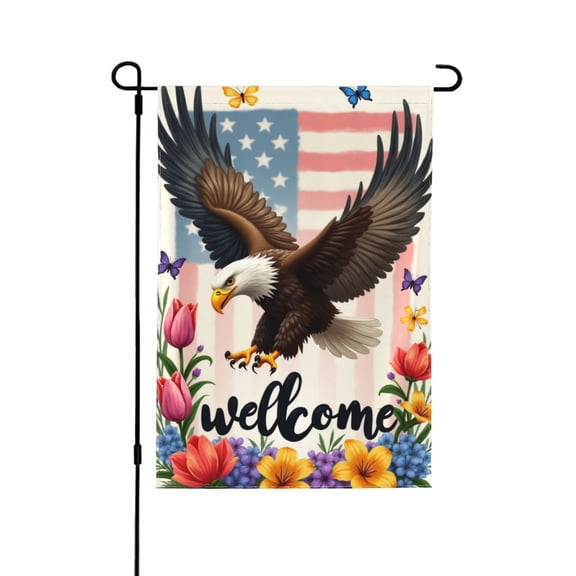 Welcome Garden Flag 12x18 Inch Double Sided Patriotic Eagle Flag Outdoor Yard Decorations With Flowers And Butterflies, Vertical House Flag For Spring Summer Holidays Celebrations
