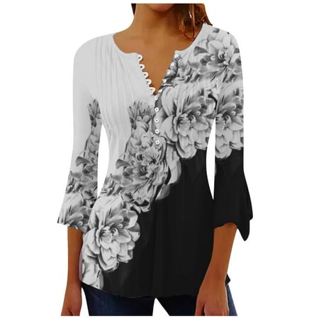 DianGeFu Autumn 2024 Collection Of Plus Size Womens Wrap Dresses Women s Casual Trumpet 3/4 Sleeve Buttoned Basic Ruched Corset Tunic Tops Pleated T-shirts Blouses Gray M