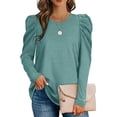 thumbnail image 3 of Top de corte informal para mujer, cuello redondo, mangas abullonadas, color puro, transpirable, para ir de compras, verde, XXL, 3 of 6
