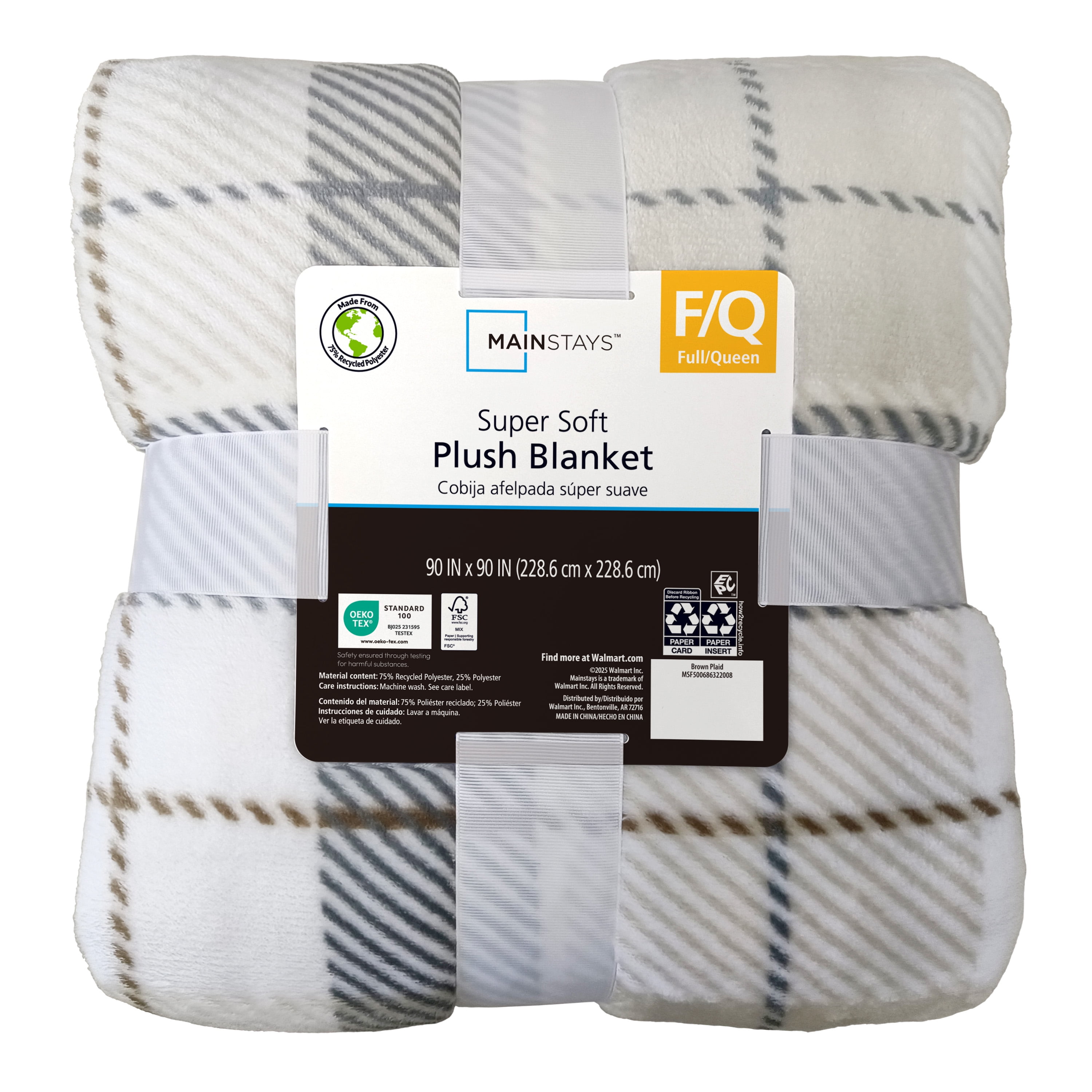 Mainstays Super Soft Plush Neutral Plaid Bed Blanket, Full/Queen Size, 90 x 90 in