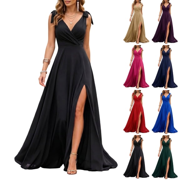Tqcoqu Women's V Neck Sleeveless Maxi Dress,High Side Slit Flowy Formal Evening Party Gown,Black Women's S-XXL