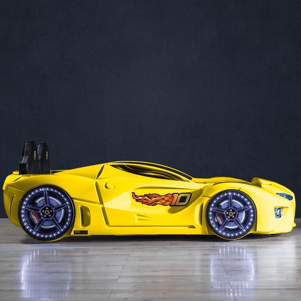 GTM Twin Race Car Bed for Kids with LED Headlights, Sound FX, Remote Control and Realistic Design, Sturdy and Fun Sleep Solution