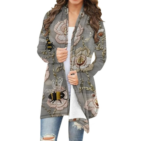 Sexlip Women's Floral Printed Fall Trendy Long Sleeve Cardigans Lightweight Loose Mid-Long Casual Open Front Outerwear Coats Gray XXXXXL