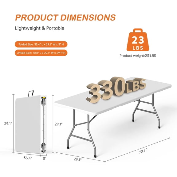 6 Foot Folding Table for Indoor Outdoor, Portable Heavy Duty Foldable Plastic Dining Table with Carrying Handle for Picnic Camping Party White
