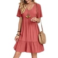 thumbnail image 1 of Daeful Robe Mini pour Femmes Manches Courtes Robes de Soirée Col en V Kaftan Été Plage Robe d'Été Rouge TG, 1 of 3
