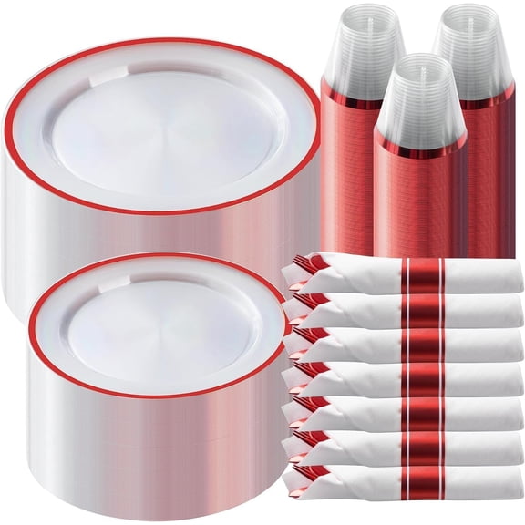 Goodluck 350 Piece Red Plastic Dinnerware Set for Party, Clear Disposable Plates for 50 Guests, Includes 100 Plates, 50 Pre Rolled Napkins with Cutlery Set, 50 Cups for Graduation, Wedding, Christmas