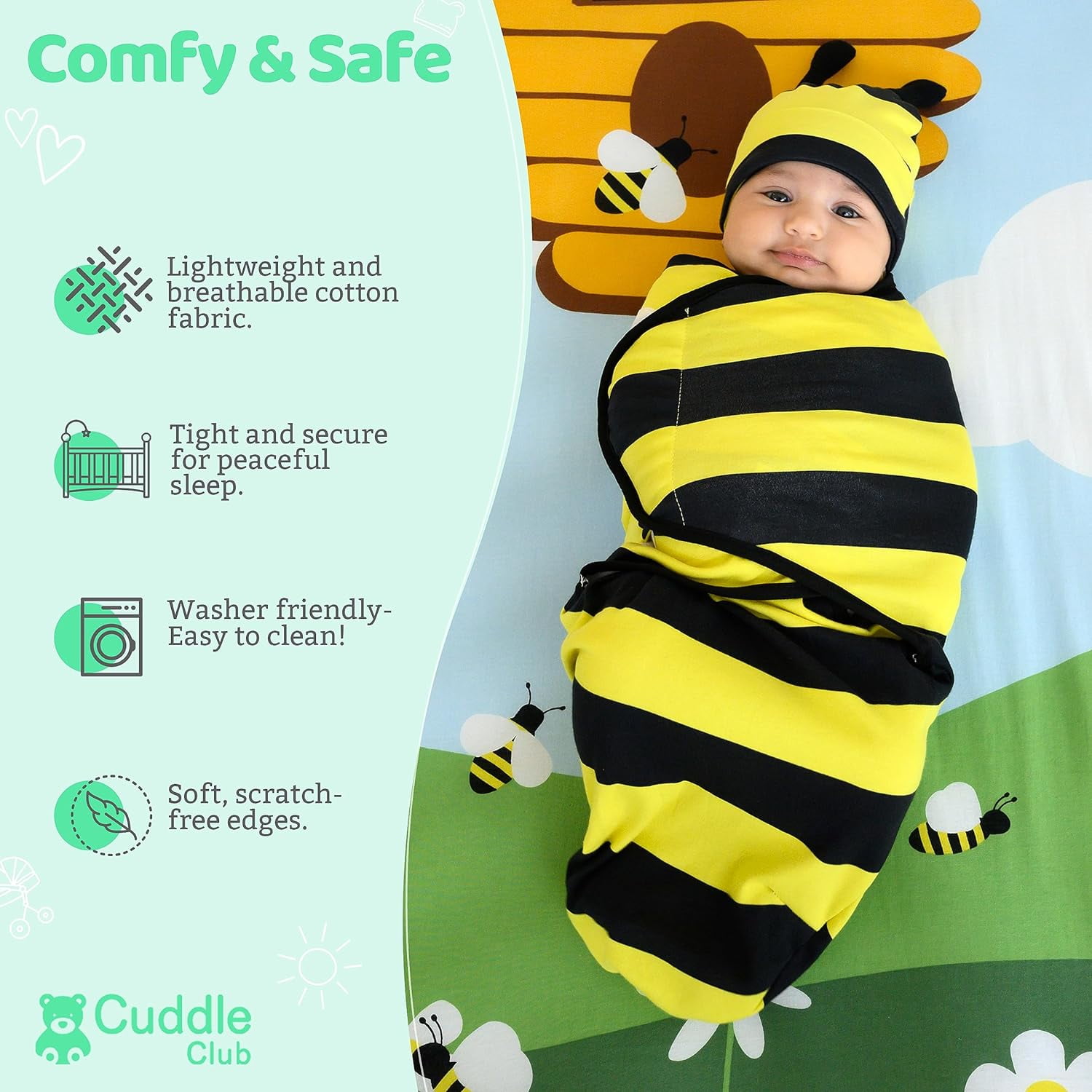 Cuddle Club Baby Wrap Swaddle Blanket Sleep Sack Bundle with Novelty Beanie Hat, Bee Large