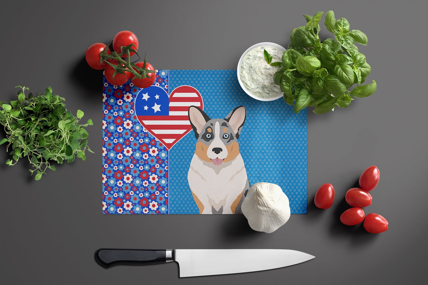 Blue Merle Cardigan Corgi Glass Cutting Board Large 12 in x 15 in