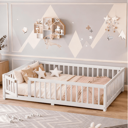 URTR Full Size Montessori Floor Bed with Safety Rails & Door, Solid Wood Floor Bed Frame Full with Removable Slats, Low Profile Montessori Bed for Bedroom, White