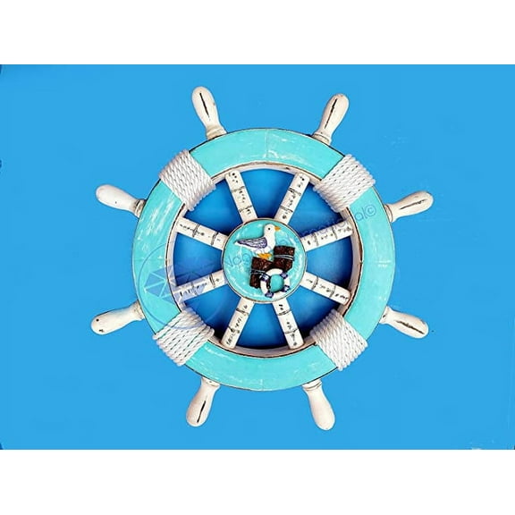Wooden Ship Wheel White Rope & Seagull Motif - (Ocean Blue) - (12 Inches)