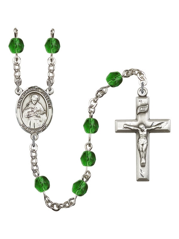 Silver Finish St Gift Boxed St Gabriel Possenti Rosary with 6mm Peridot Color Fire Polished Beads Gabriel Possenti Center and 1 3/8 x 3/4 inch Crucifix Silver Finish St Gift Boxed St Gabriel Possenti Rosary with 6mm Peridot Color Fire Polished Beads Gabriel Possenti Center and 1 3/8 x 3/4 inch Crucifix