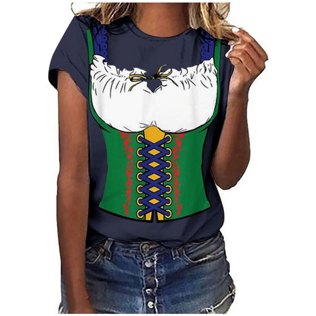Pompotops Blouse Décontractée Mode Femme Imprimé Oktoberfest Col Rond T-Shirt Blouse Imprimée Tee Liquidation