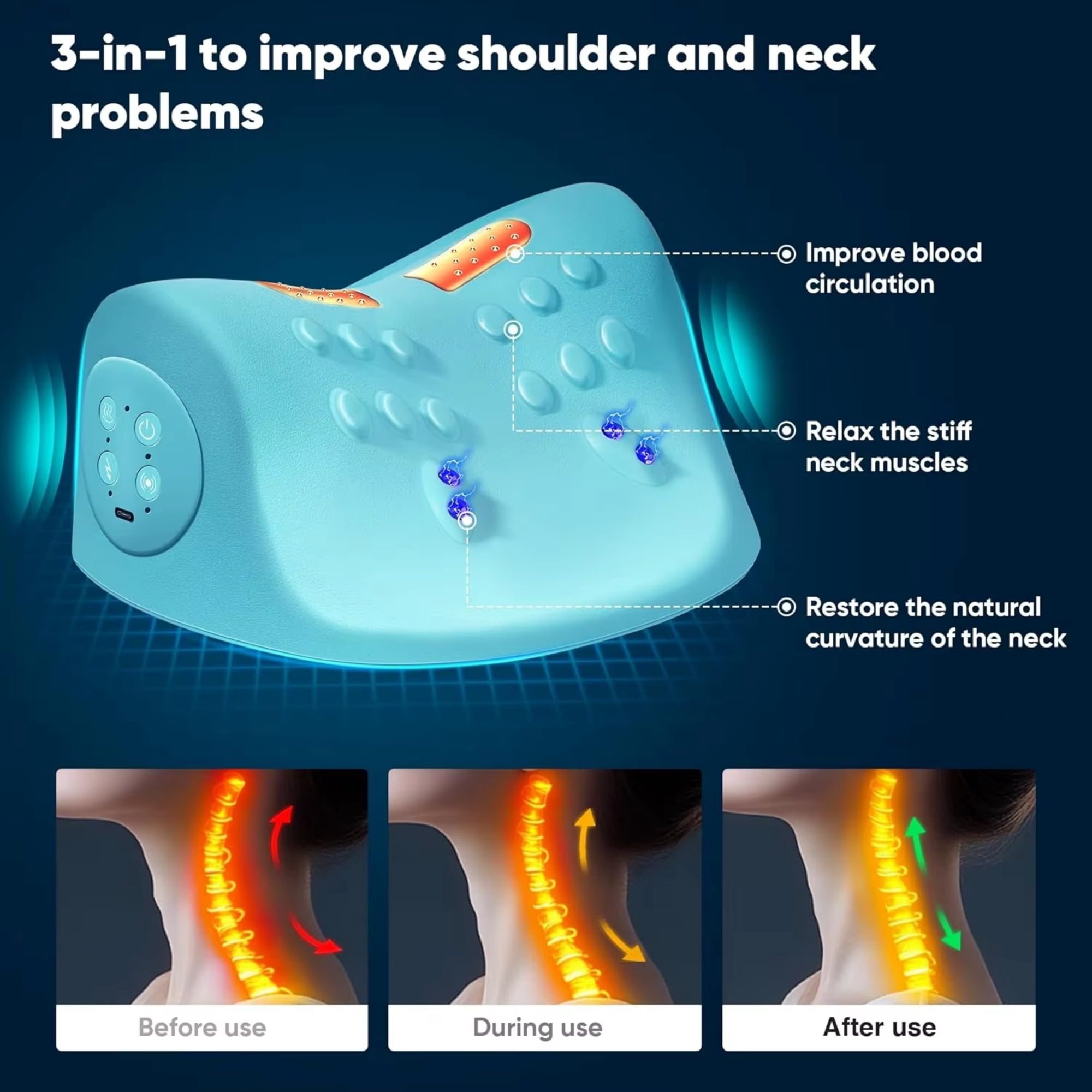 Electric Heated Neck Massager & Cervical Traction Pillow, 3 Mode Deep Tissue Stretcher for Pain Relief & Posture Correction