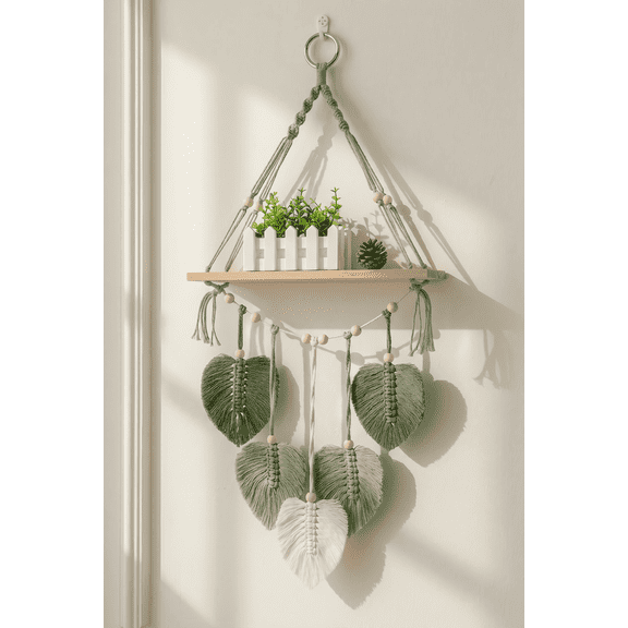 JOWBOOW Boho Macrame Hanging Shelf with Woven Leaves, Rustic Wood Floating Storage Display & Plant Wall Decor for Bedroom, Living Room, Nursery
