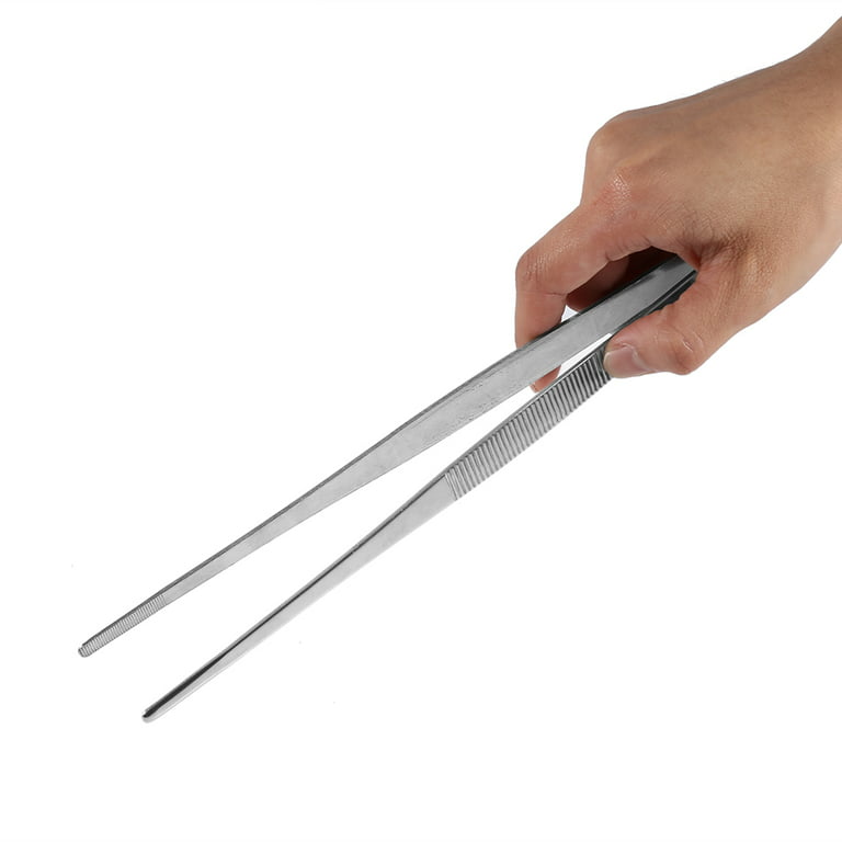 Silver Stainless Steel Long Food Tongs Straight Tweezers Kitchen