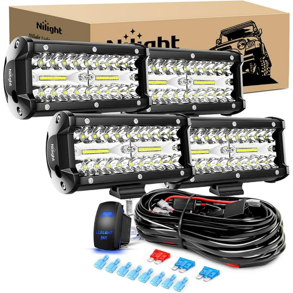 Nilight LED Pods 4PCS 6.5 Inch 120W Light Bar Triple Rows Spot Flood Combo Driving Lights 5Pin Rocker Switch Wiring Harness Kit-4 Leads