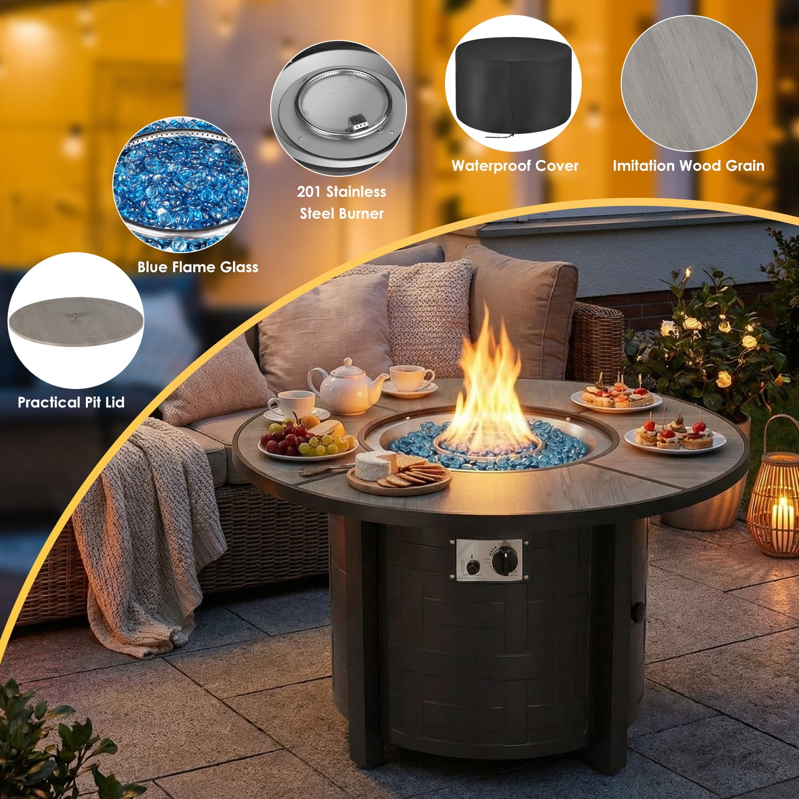 TLGREEN 42" Propane Fire Pit Table with Lid, 50,000 BTU Auto-Ignition Circular Gas Fire Pit for Outdoor, Includes Waterproof Cover & Blue Fire Glass (Gray)