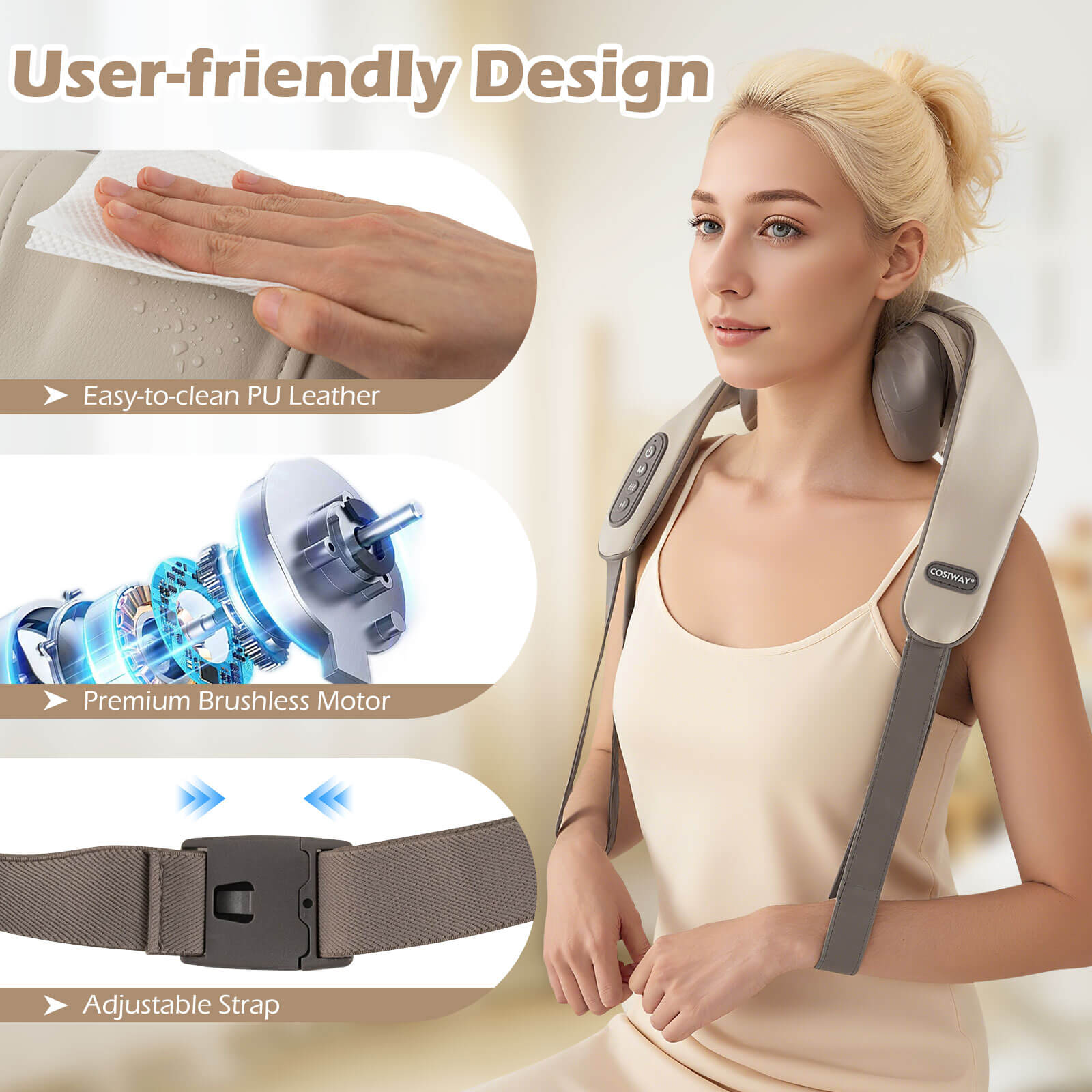Costway Neck Shoulder Massager with 2 Heating Levels & Adjustable Intensity Beige