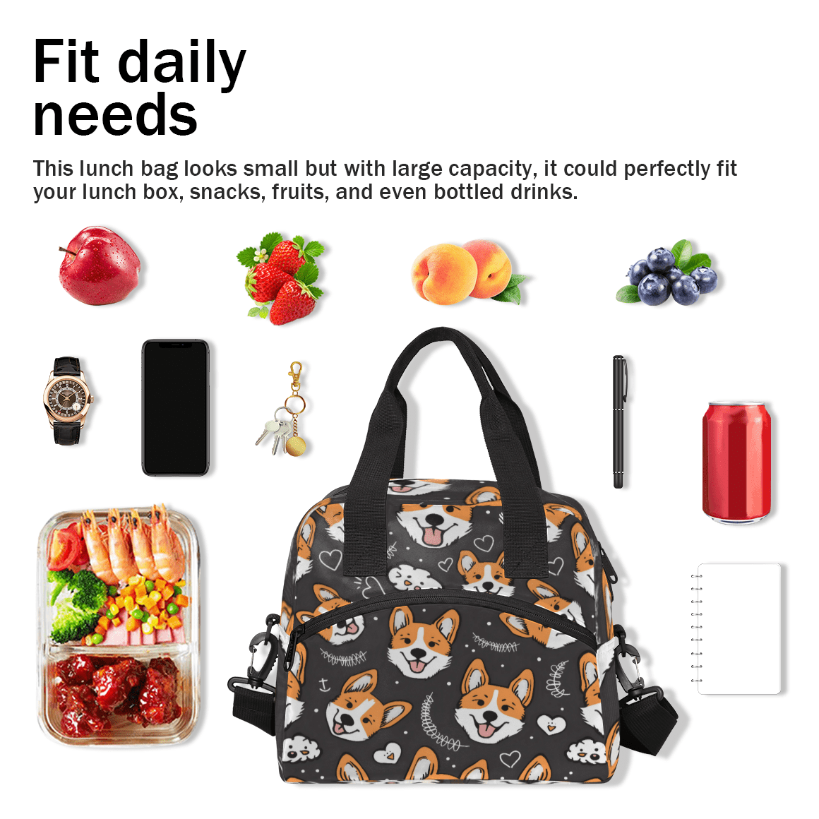 Herdesigns Cute Welsh Corgi Dog Insulated Lunch Bag for Women Men Adults Large Reusable Lunch Box Leakproof Portable Cooler Tote Bags with Adjustable Shoulder Strap