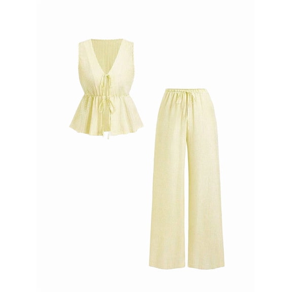 Women'S Summer Two-Piece Suit Striped Print Sleeveless Lace-Up Vest Tank Top Pants Beach Holiday Set Yellow M