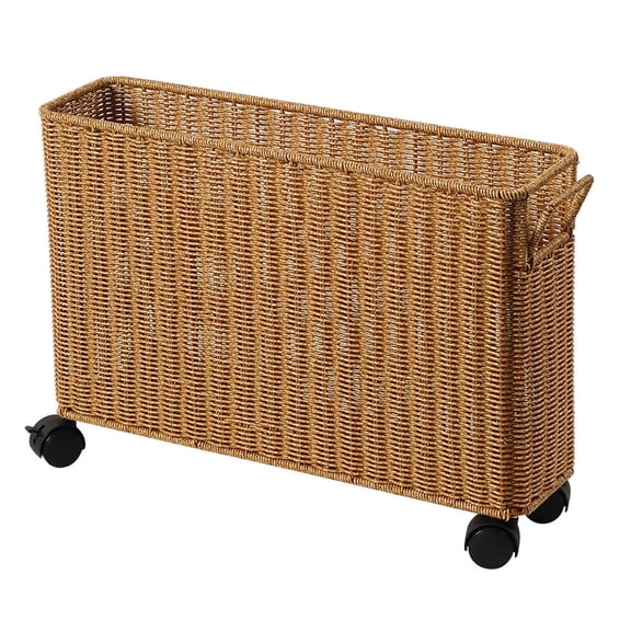 OUNONA Khaki Woven Narrow Laundry Hamper on Wheels for Easy Mobility and Storage