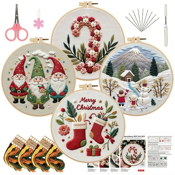 4 Pack Christmas Embroidery Kits for Beginners DIY Cross Stitch Craft Set with Hoops Threads and Patterns Holiday Ornament Embroidery Kit for Gift