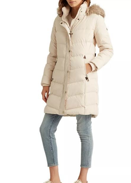 Lauren Ralph Lauren Women's Faux-Fur-Trim Hooded Down Puffer Coat, Moda  Cream M 